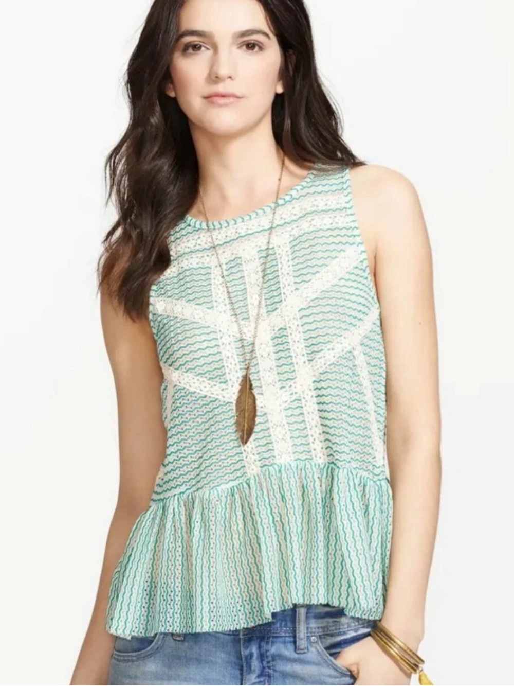 Free People Mint Green and White Sleeveless Peplum Top